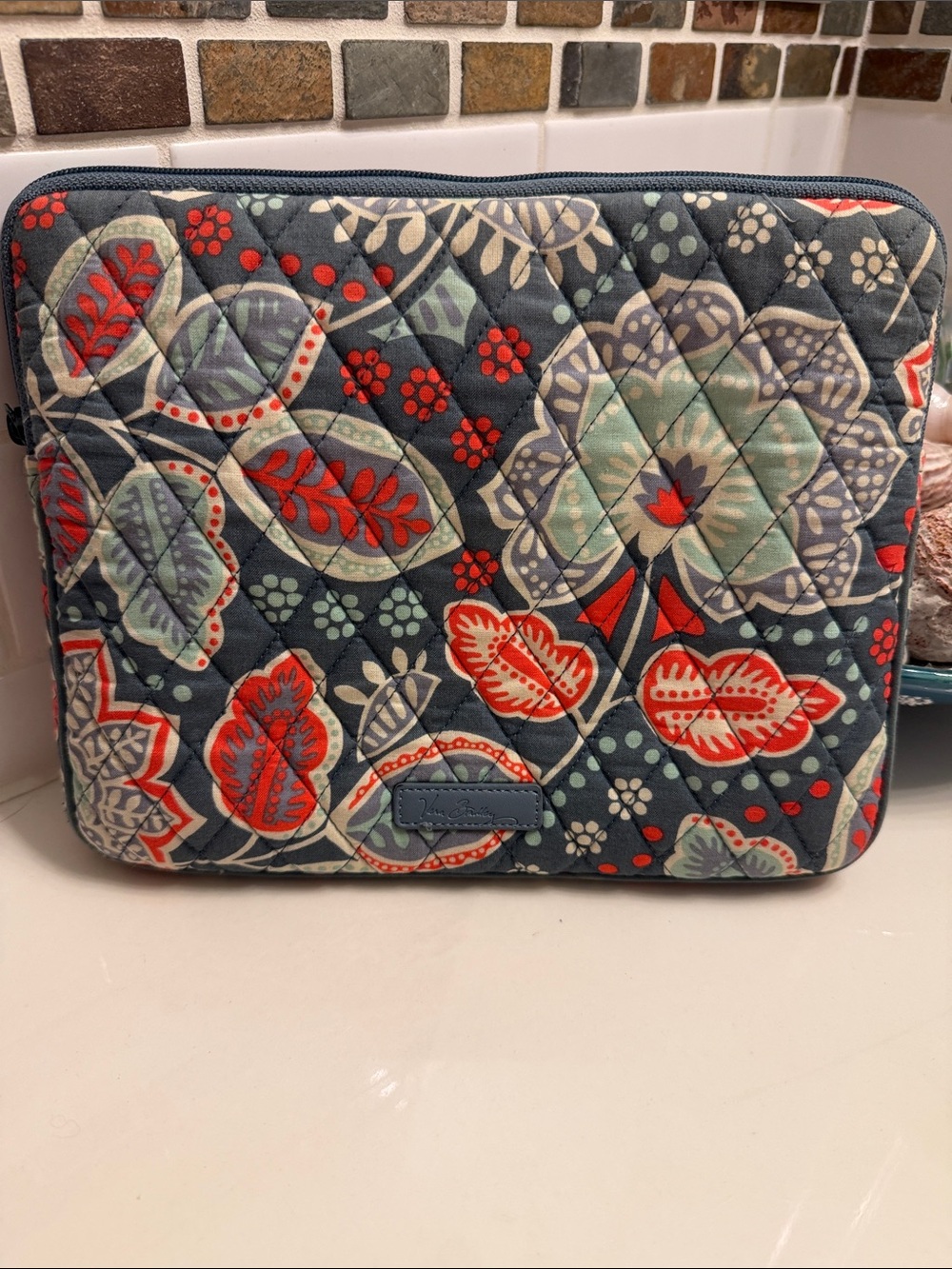Vera Bradley Quilted Floral Laptop Sleeve in Blue with Red and Cream Accents